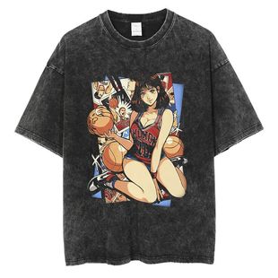 Anime T-shirt 夏季休闲复古水洗黑时尚大码短袖T恤男女上衣情侣