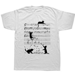 短袖 Note欧美创意音符猫潮流圆领休闲大码 T恤男女上衣 Music Cat