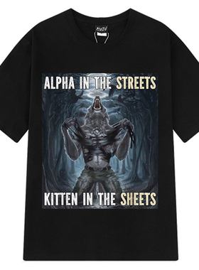 Alpha in The Streets欧美创意字母狼图案印花大码短袖T恤男上衣