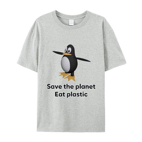 Save the planet Eat plastic可爱企鹅T恤男女即可宽松百搭短袖