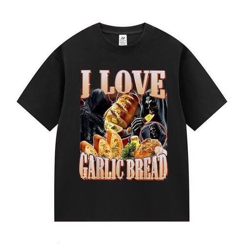 I Love Garlic Bread Skeleton我喜欢蒜香面包趣味字母搞笑T恤男