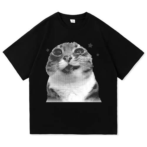 Y2k Funny Cat Meme创意搞笑猫咪圆领休闲潮流短袖T恤男女上衣ins