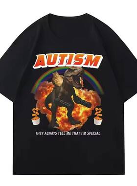 欧美创意网图自闭症猫骑恐龙图案印花短袖T恤男女夏季服装TEE