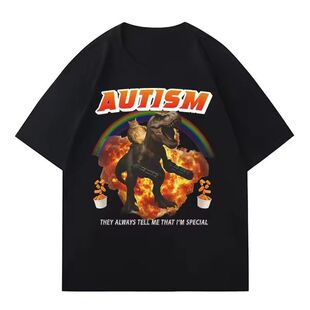 欧美创意网图自闭症猫骑恐龙图案印花短袖T恤男女夏季服装TEE