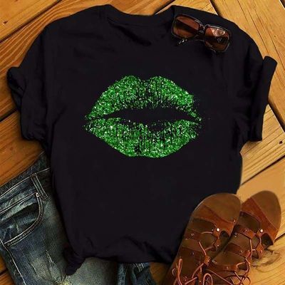 Sexy Green Lips T shirt 欧美风性感绿色嘴唇印花短袖T恤女上衣