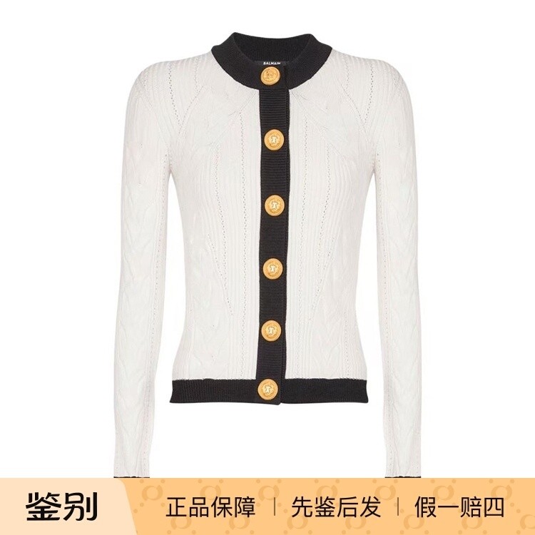 巴尔曼女士拼色金扣针织开衫