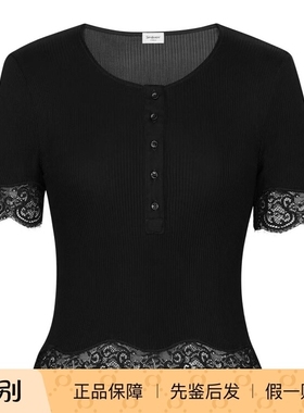 Saint Laurent 26春夏黑色女士罗纹丝质针织蕾丝T恤正品代购85126
