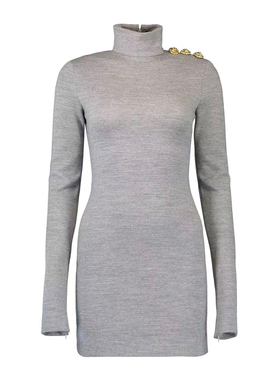 balmain/巴尔曼 25秋冬灰色羊毛高领修身连衣裙正品代购FF0R8895J