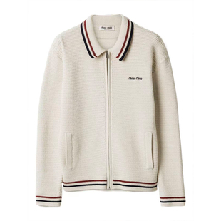 代购 MIU 正品 25秋冬米色女士棉质拉链针织开衫 SOOOF0018 谬谬