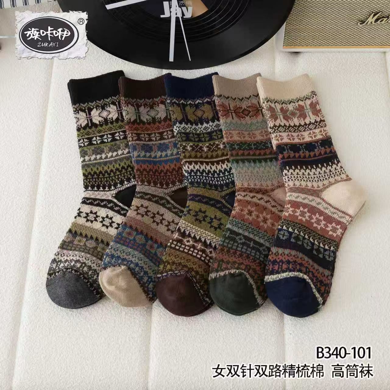 族咔咿新款双针双路复古民族风女袜秋冬加厚保暖堆堆袜中筒棉袜子