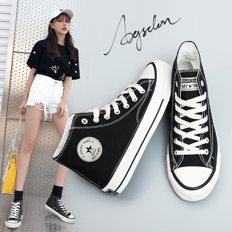 奥古狮登帆布鞋女2024年夏季新款松糕厚底系带高帮鞋休闲运动板鞋