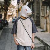 T恤男个性 复古插肩拼接短袖 字母印花宽松体恤上衣 美式 兔先森夏季