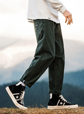 兔先森春秋季复古百搭口袋工装纯色休闲裤男纯棉松紧裤腰直筒长裤