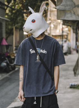 兔先森夏季学院风复古短袖t恤男做旧纯棉体恤字母印花圆领半袖衫