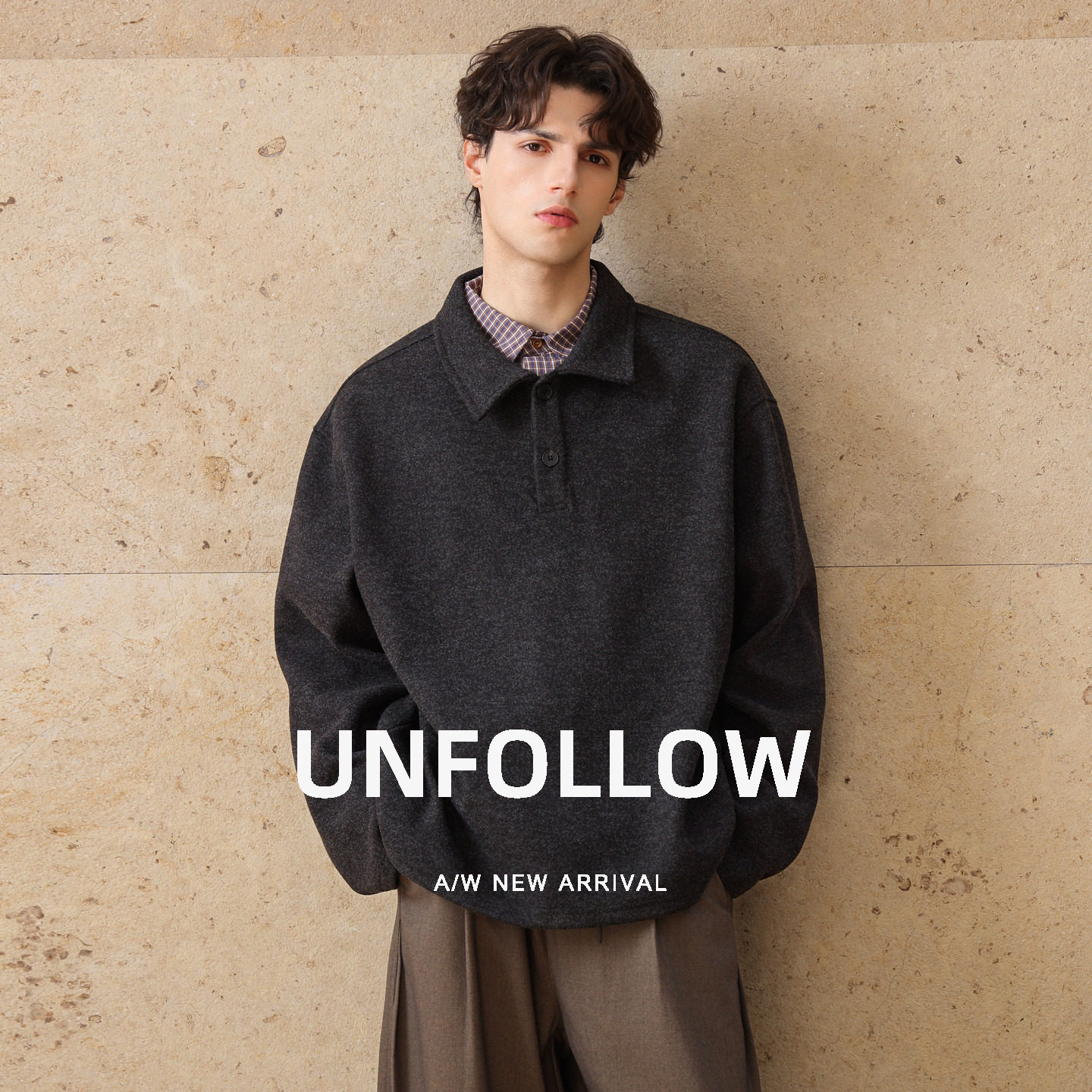 UNFOLLOW羊毛混纺纯色翻领Polo卫衣男秋季新款套头衫长袖潮流上衣