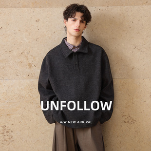 UNFOLLOW羊毛混纺纯色翻领Polo卫衣男秋季新款套头衫长袖潮流上衣
