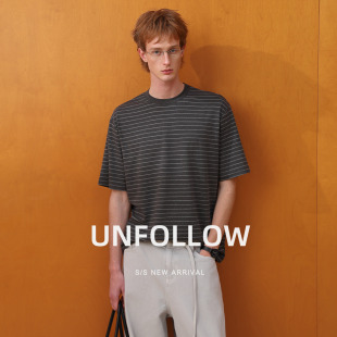 UNFOLLOW兰精天丝莫代尔短袖T恤男夏季条纹半截袖体恤高级感上衣