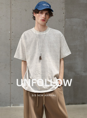 UNFOLLOW做旧条纹短袖T恤男夏季新款高级感半截袖体恤宽松上衣潮