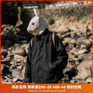 兔先森2024冬季日系原宿风简约纯色插肩毛呢外套男宽松翻领呢大衣