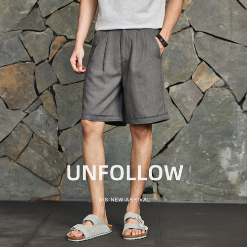 UNFOLLOW双褶五分西装短裤男士夏季莱赛尔羊毛混纺垂感休闲中裤潮
