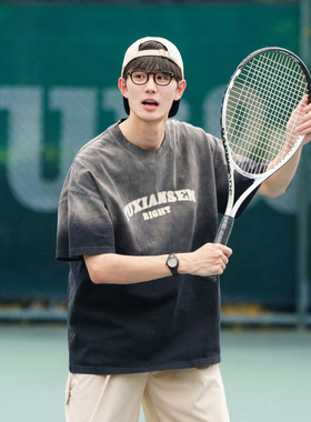 兔先森2026夏季水洗做旧渐变纯棉t恤男潮牌宽松短袖情侣半袖上衣