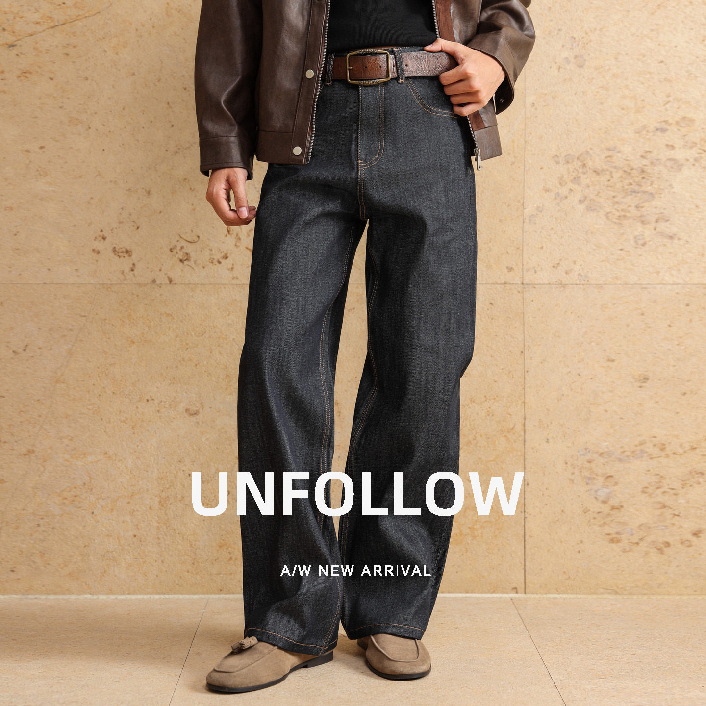 UNFOLLOW 原色微喇牛仔裤男春秋新款复古休闲长裤宽松通勤裤子潮