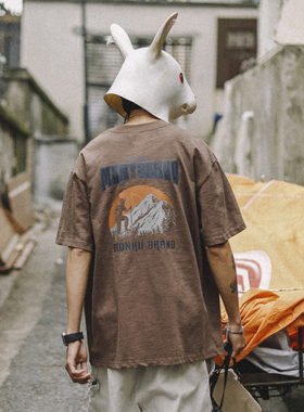 兔先森夏季新款复古纯棉后背印花短袖t恤男士宽松圆领半袖体恤衫