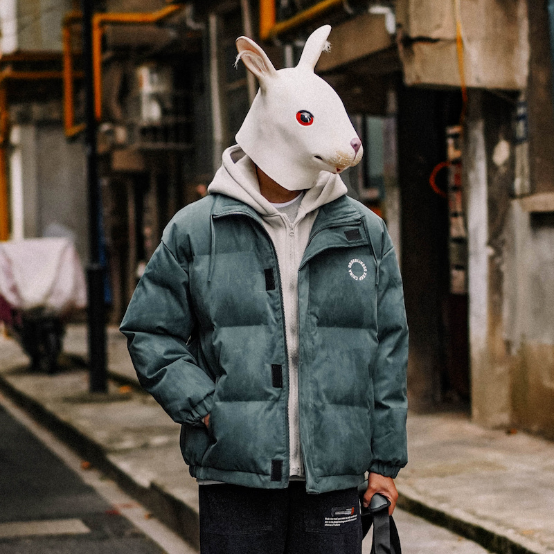 兔先森冬季假两件连帽棉服男英文印花面包服百搭外套休闲加厚上衣