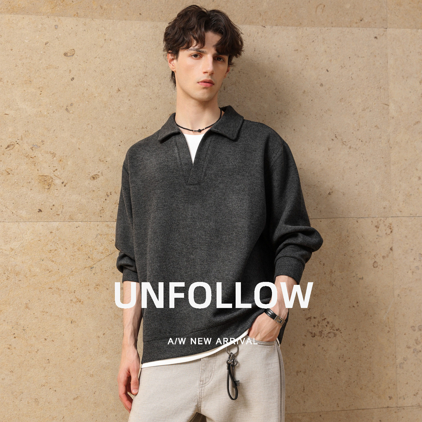 UNFOLLOW羊毛混纺假两件Polo卫衣男春秋新款高级感套头衫潮流上衣