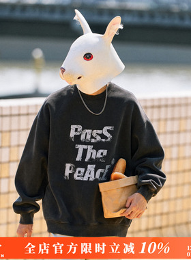 兔先森春秋美式复古字母印花圆领重磅加绒卫衣男水洗做旧上衣外套