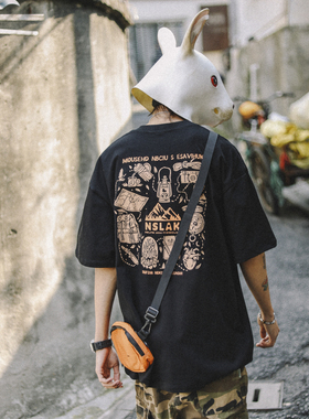 兔先森夏季复古潮流后背趣味印花短袖T恤男休闲宽松纯棉圆领体恤