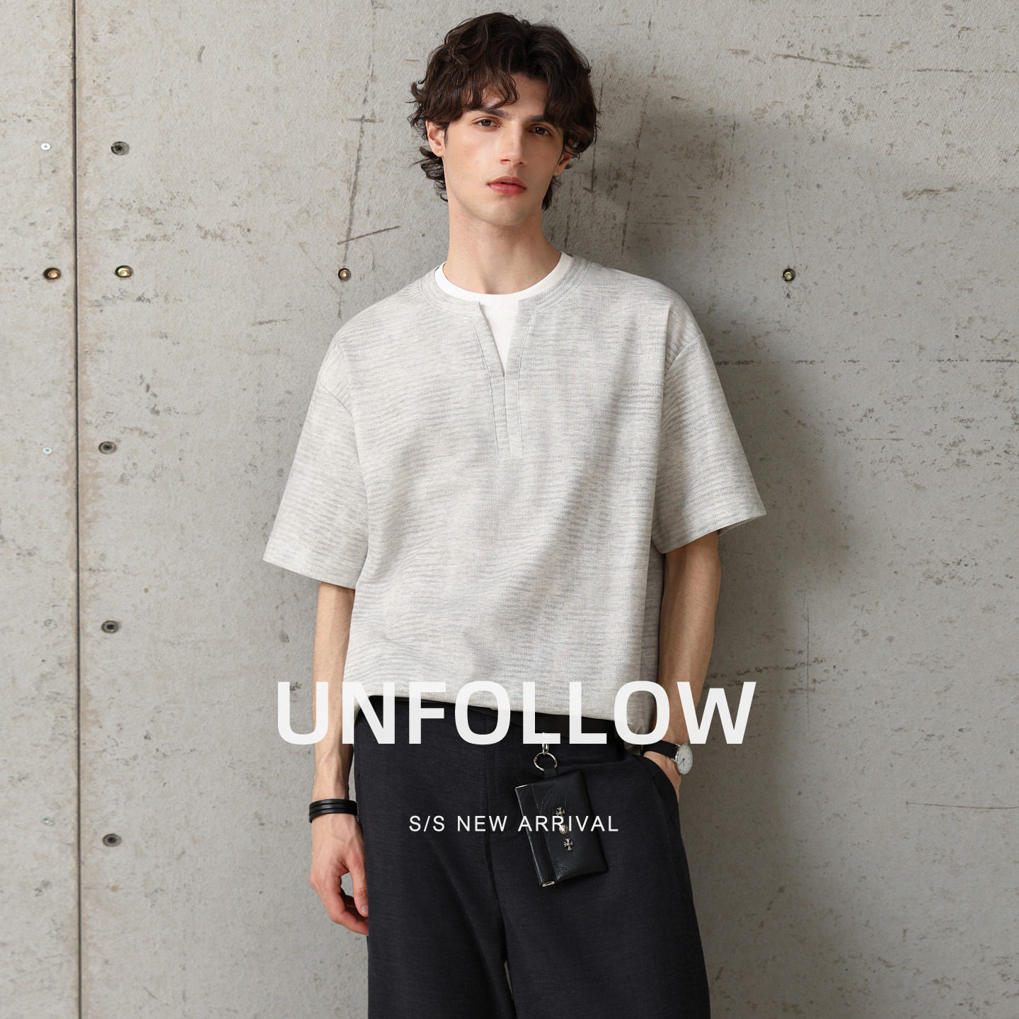 UNFOLLOW亨利领假两件短袖T恤男夏季新款高级感半截袖体恤上衣潮