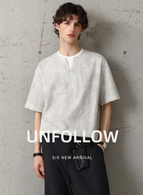UNFOLLOW亨利领假两件短袖T恤男夏季新款高级感半截袖体恤上衣潮