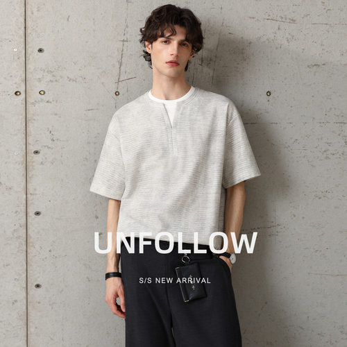UNFOLLOW亨利领假两件短袖T恤男夏季新款高级感半截袖体恤上衣潮