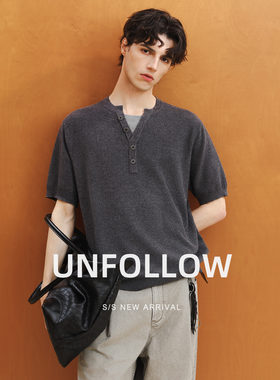 UNFOLLOW莱赛尔亚麻混纺短袖T恤男夏季亨利领假两件半截袖体恤潮