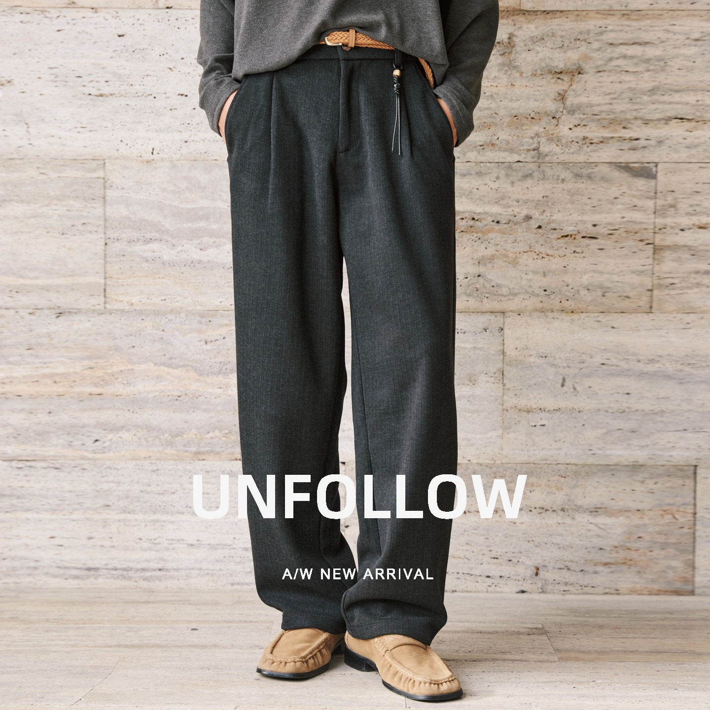 UNFOLLOW桑蚕丝羊毛混纺打褶毛呢西裤男秋季垂感阔腿休闲裤潮长裤
