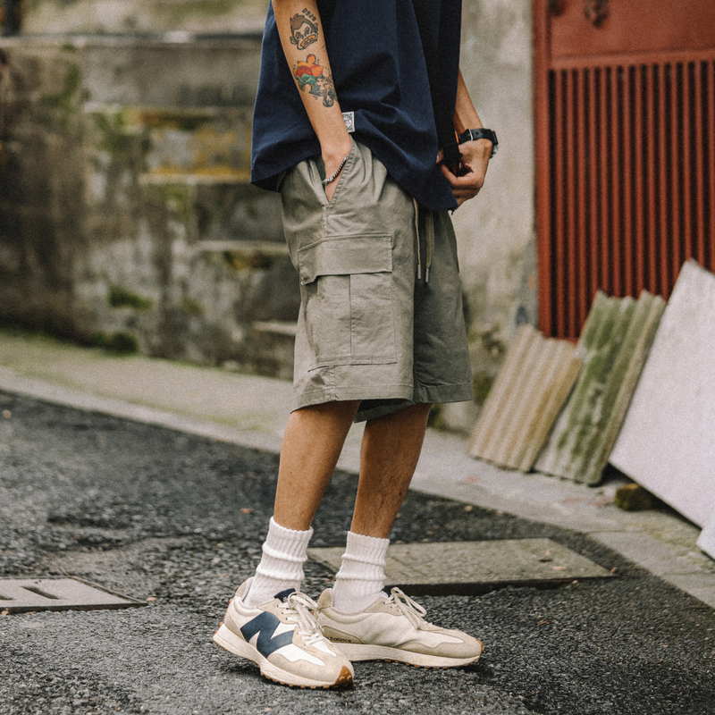 兔先森夏季日系复古多口袋工装短裤男简约纯色百搭五分裤休闲裤子