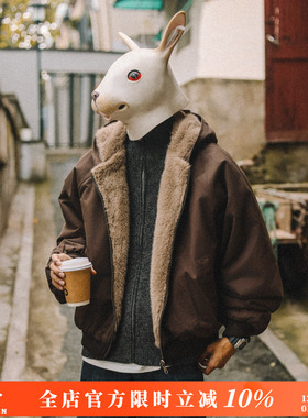 兔先森两面穿座山雕加绒连帽棉衣外套男冬季潮牌复古加厚保暖棉服