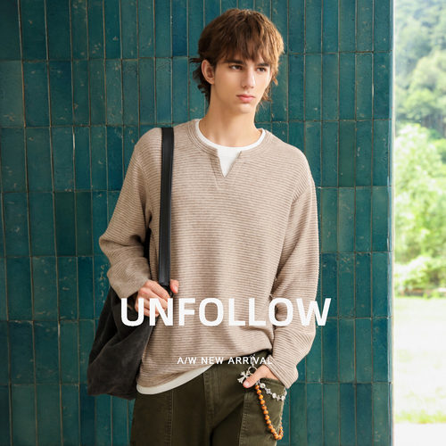 UNFOLLOW 肌理条纹长袖T恤男秋季新款假两件宽松高级感打底上衣潮