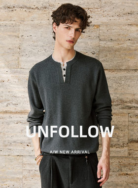UNFOLLOW 撞色亨利领针织衫男秋季新款假两件毛衣休闲宽松上衣潮