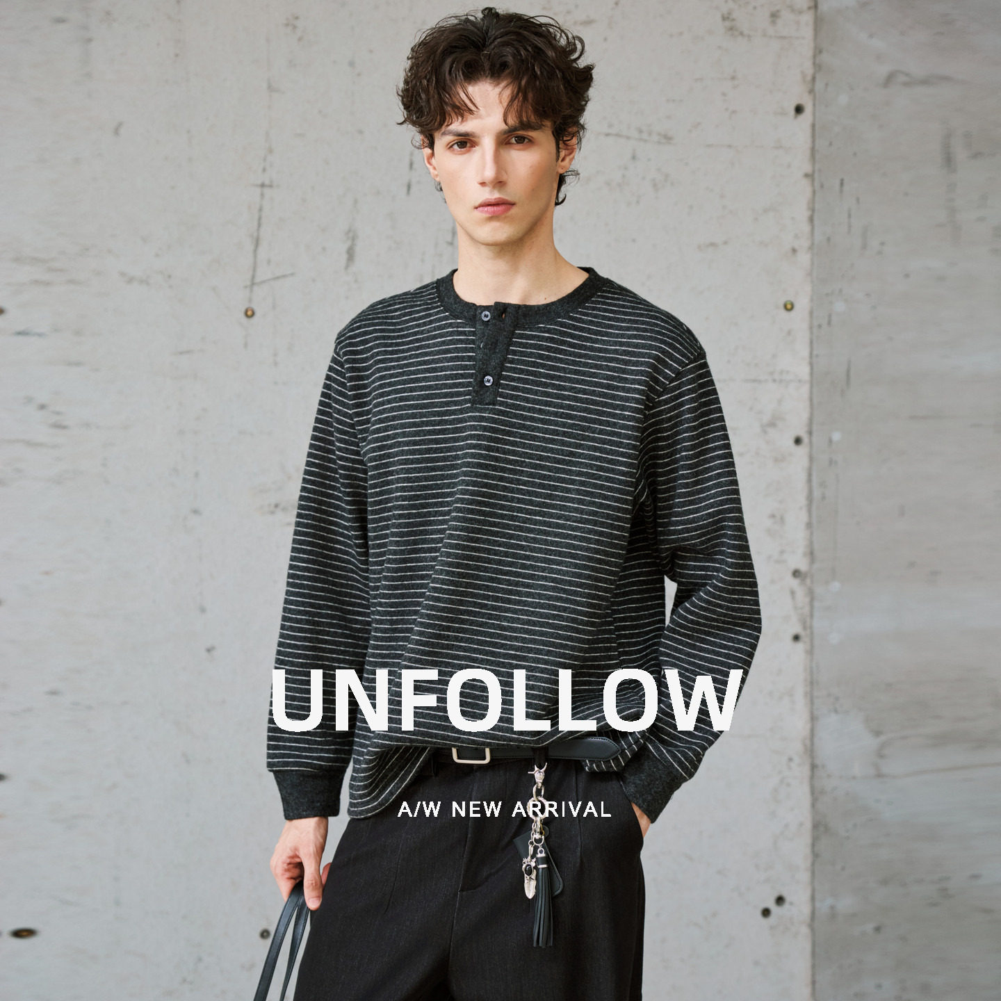 UNFOLLOW 羊毛混纺条纹亨利领加绒卫衣男春秋新款长袖T恤套头体恤