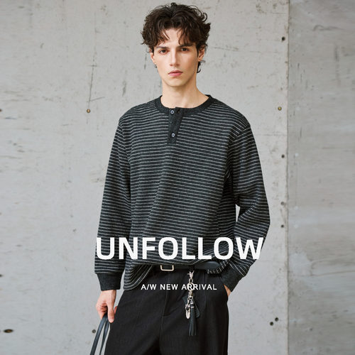 UNFOLLOW 羊毛混纺条纹亨利领加绒卫衣男春秋新款长袖T恤套头体恤