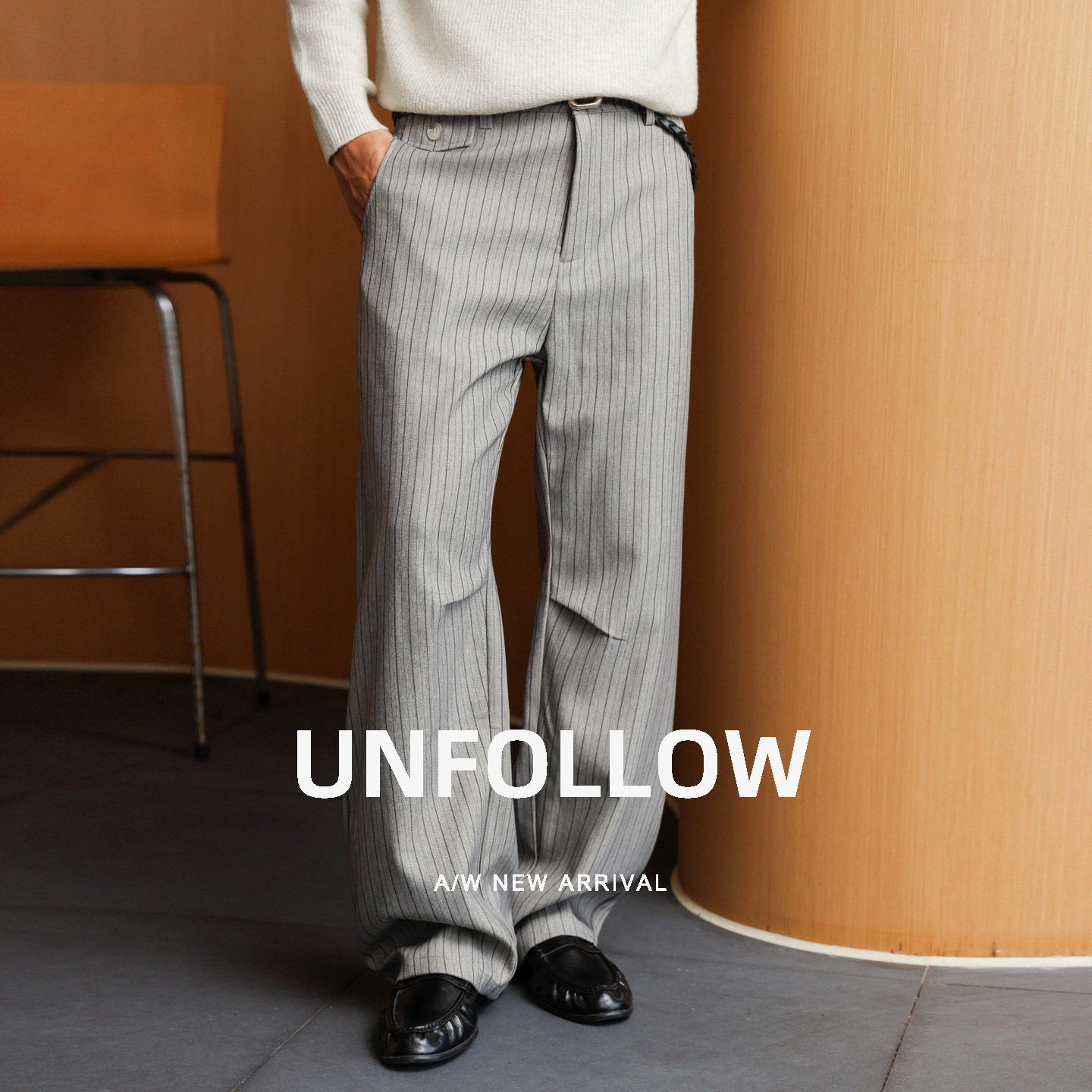 UNFOLLOW 竖条纹阔腿西裤男春秋新款复古休闲长裤宽松垂感裤子潮图片