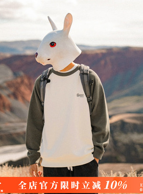 兔先森春秋季日系潮流撞色插肩刺绣华夫格卫衣男圆领套头休闲上衣