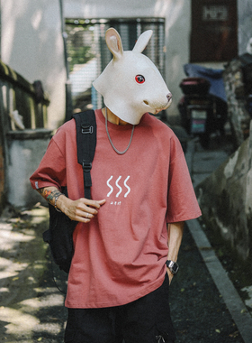 兔先森夏日系简约波浪印花短袖T恤男女潮牌宽松百搭纯棉半袖体恤