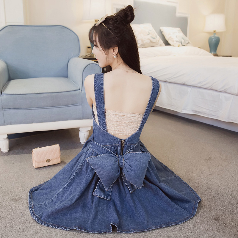 李小璐同款2018春夏新款女性感蝴蝶结露背牛仔背带裙连衣裙学院风
