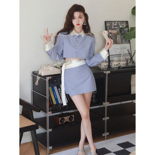 成套搭配减龄蓝色条纹套装裙俏皮活泼衬衫两件套女秋装搭配一整套