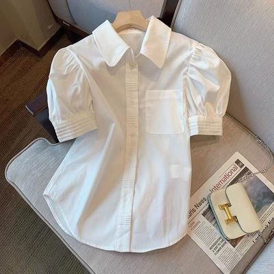 白色衬衫女夏季设计感小众短袖衬衣法式时尚气质高级感泡泡袖上衣