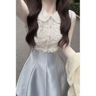 miu系千金感娃娃领无袖连衣裙高端精致显瘦蕾丝收腰a字生日礼服裙