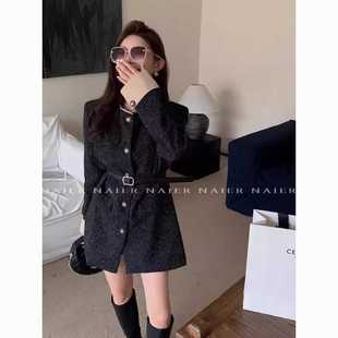 春秋款黑色小香风连衣裙女高级感简约同期翻袖收腰显瘦短款裙子